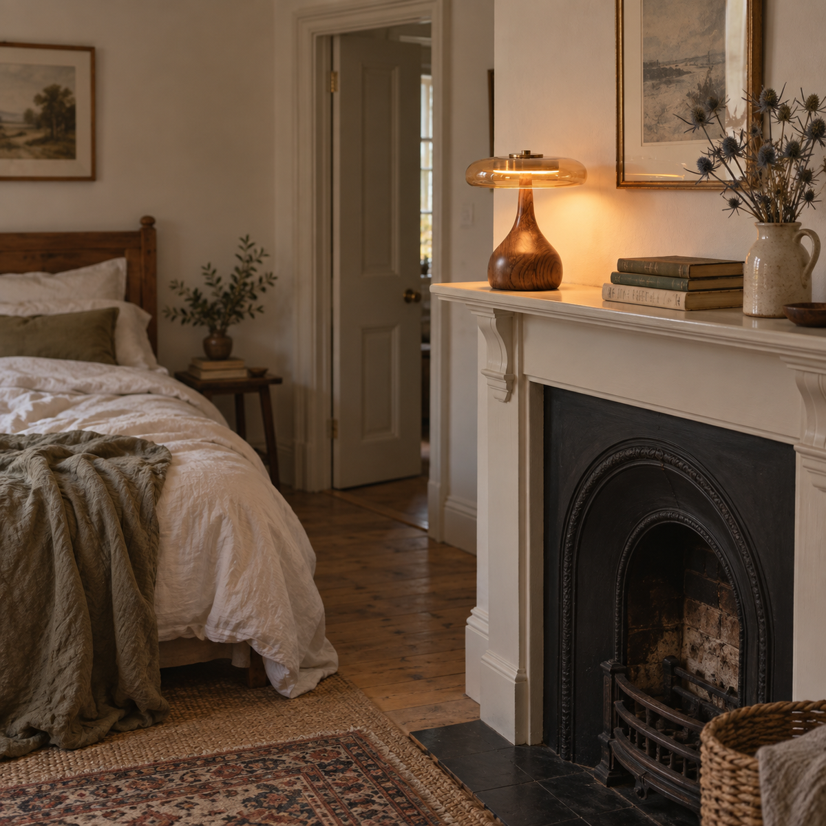 Guimarães wood table lamp, in a bedroom, beside a fireplace mantel.