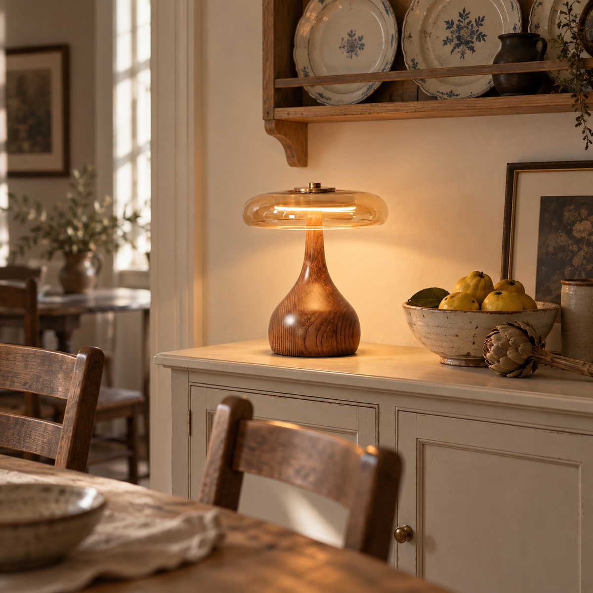 Guimarães wood table lamp, in a dining room.