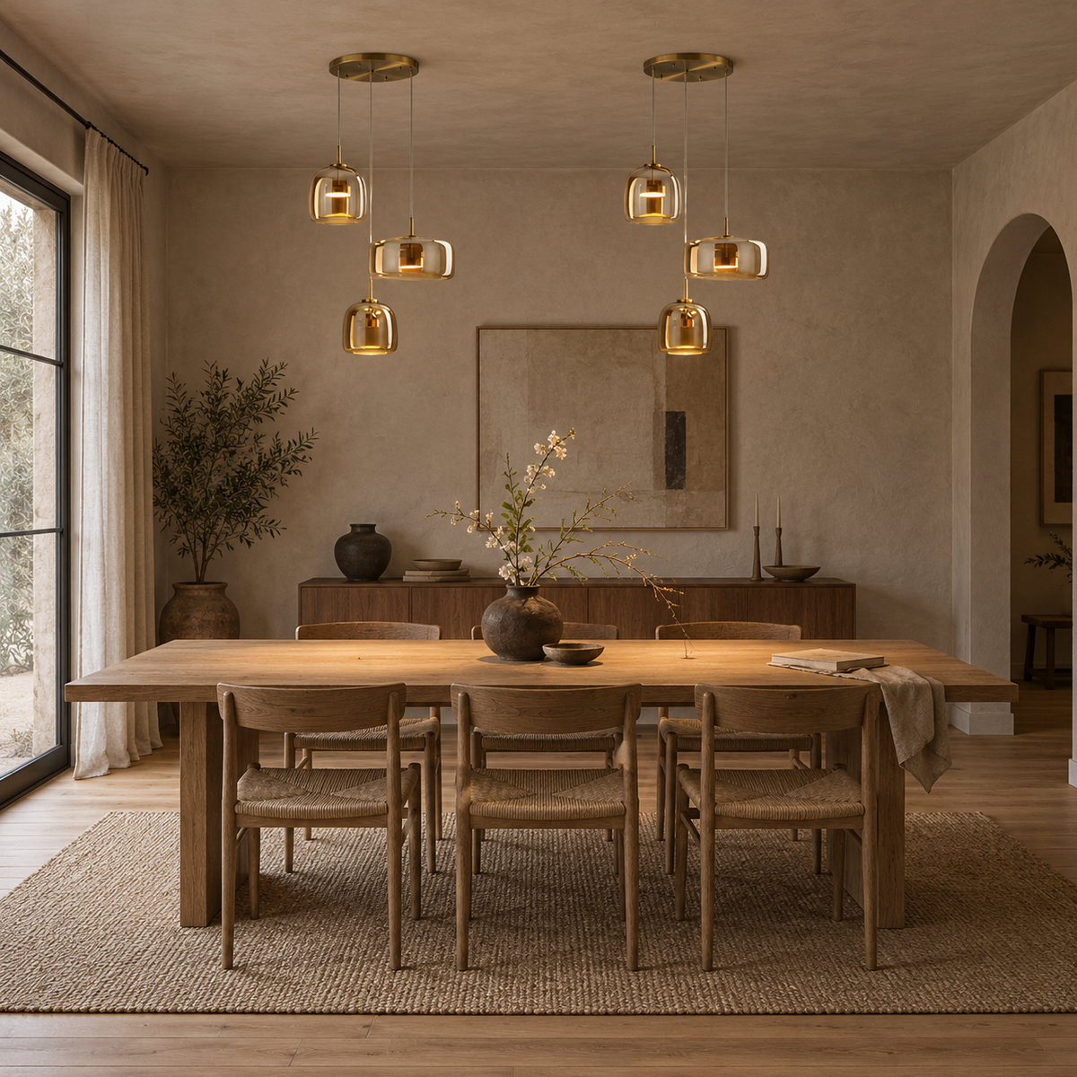 Horta hand-blown glass pendant light in amber, hung as a row of 2 in a dining room.