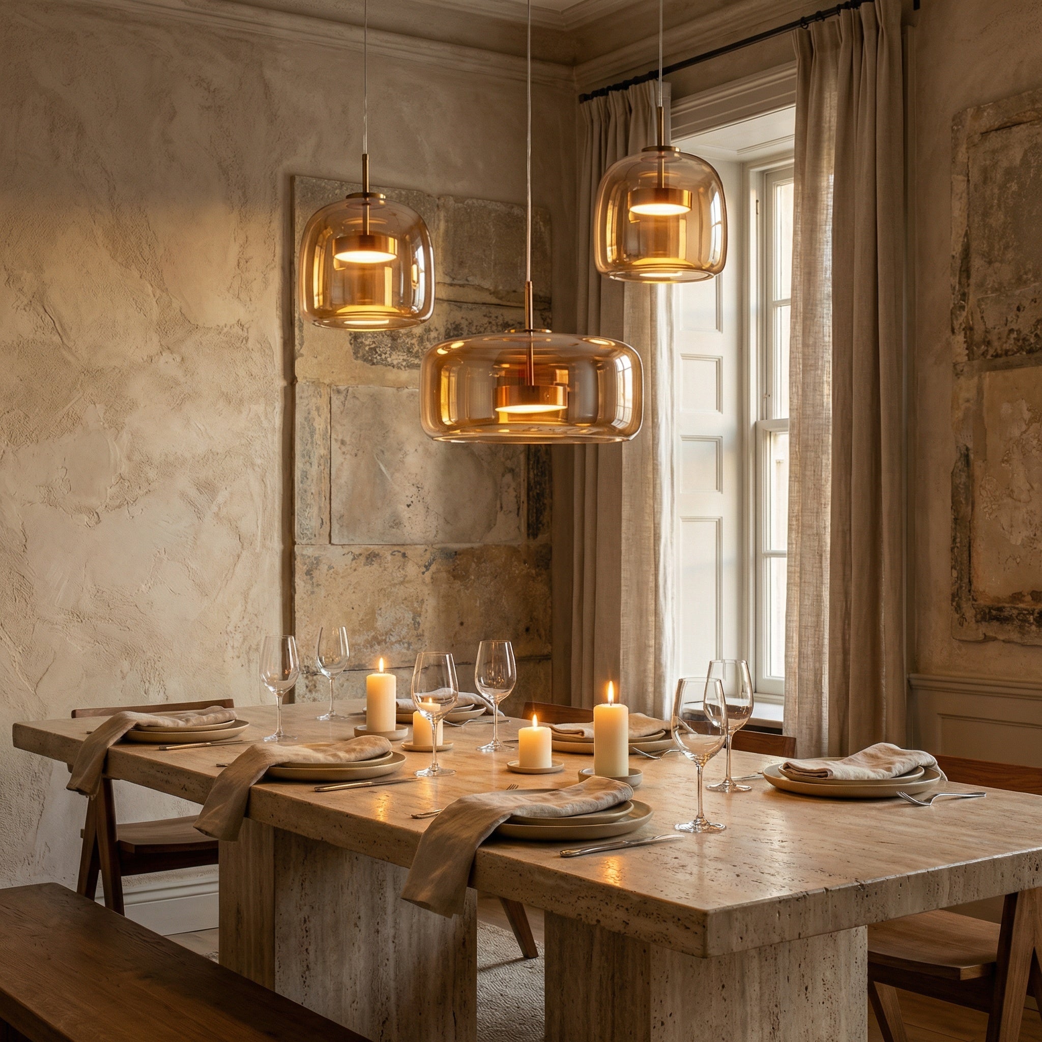 Horta hand-blown glass pendant light cluster over a kitchen island at night