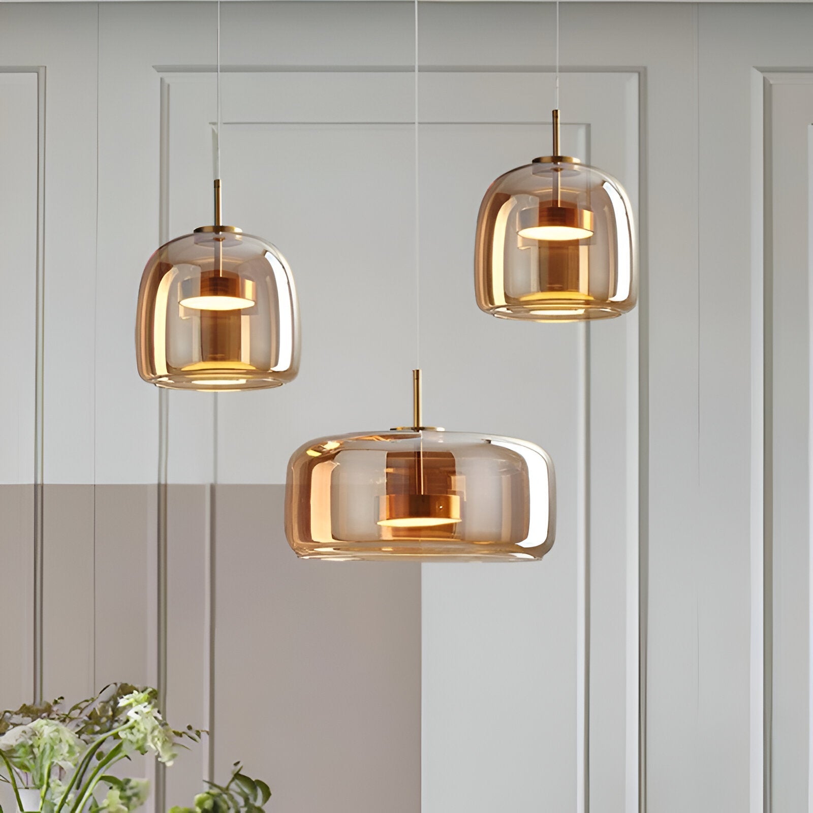 Horta hand-blown glass pendant light, dimensions diagram showing the glass globe sizes
