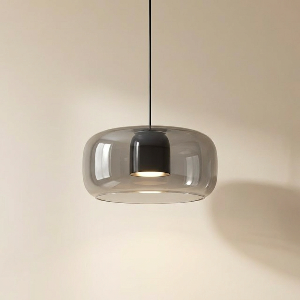 Horta hand-blown glass pendant light, amber globe shown at an angle