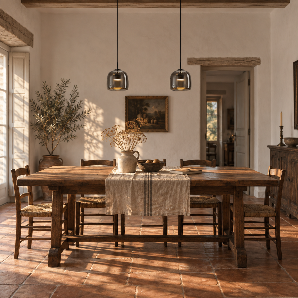 Horta hand-blown glass pendant light in smoked gray, hung as a row of 2 in a dining room.