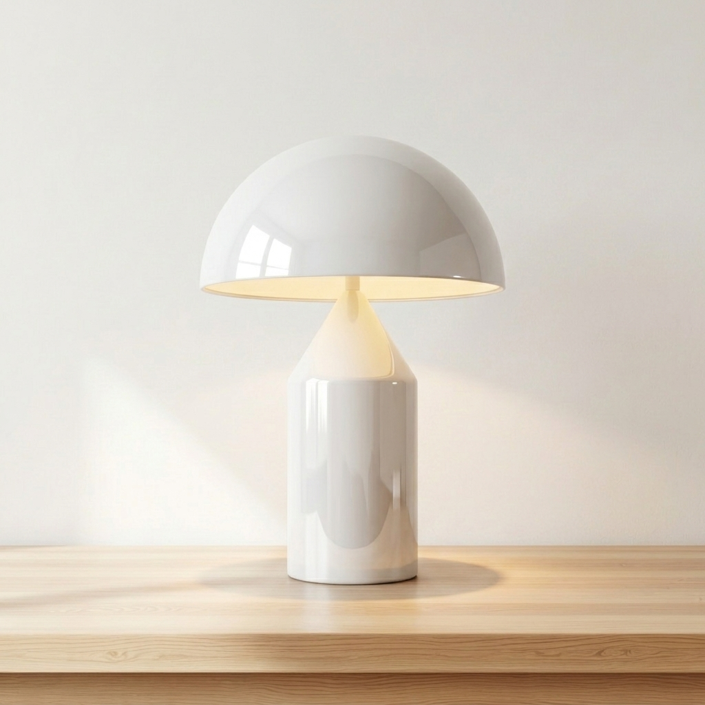 Geometric mushroom table lamp in bright white finish, product shot.