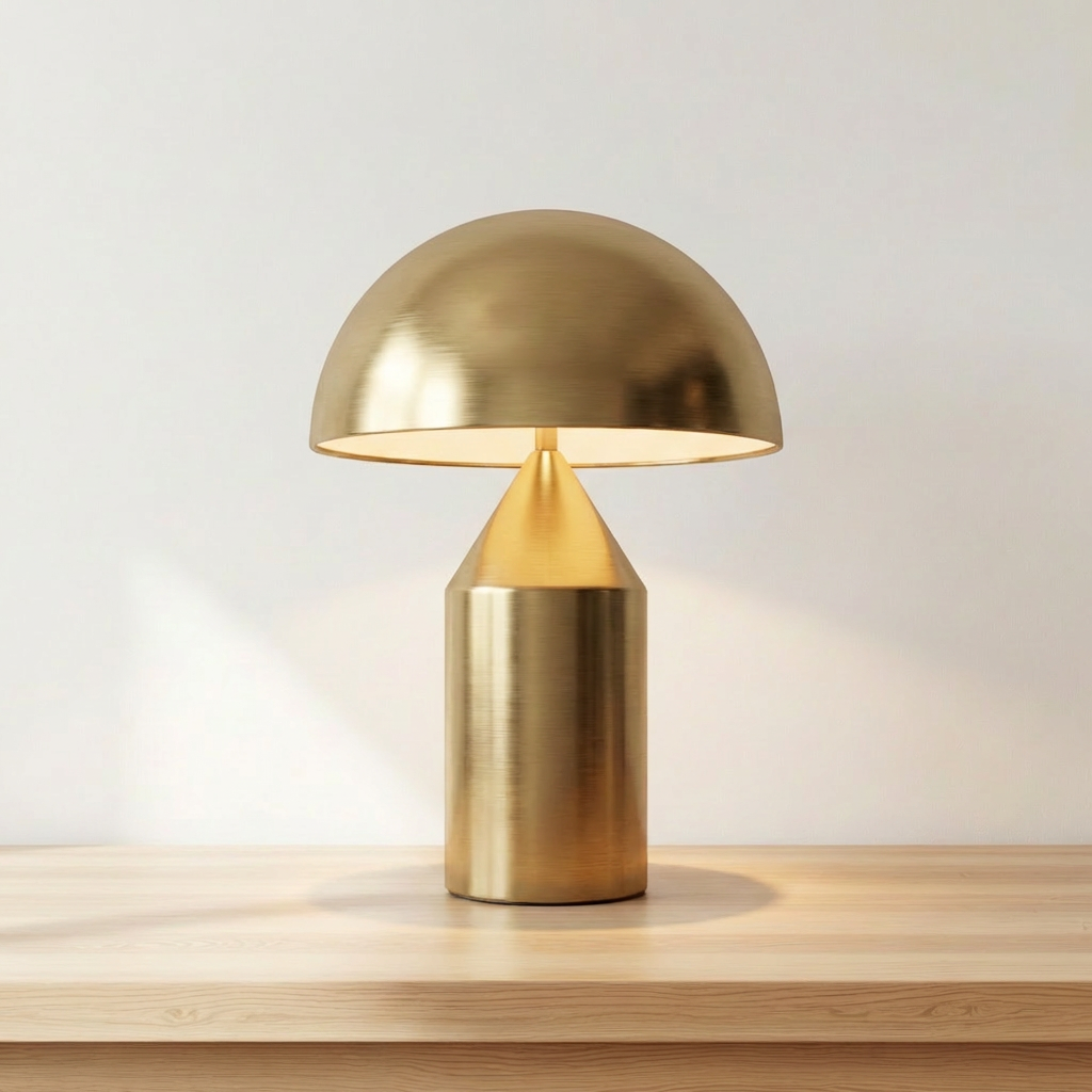 Geometric mushroom table lamp in copper finish, product shot.