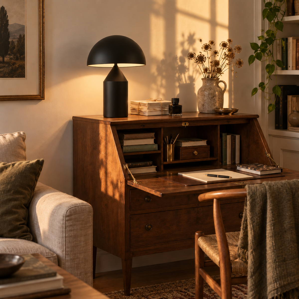 Lagos geometric mushroom table lamp in matte black, in a living room.