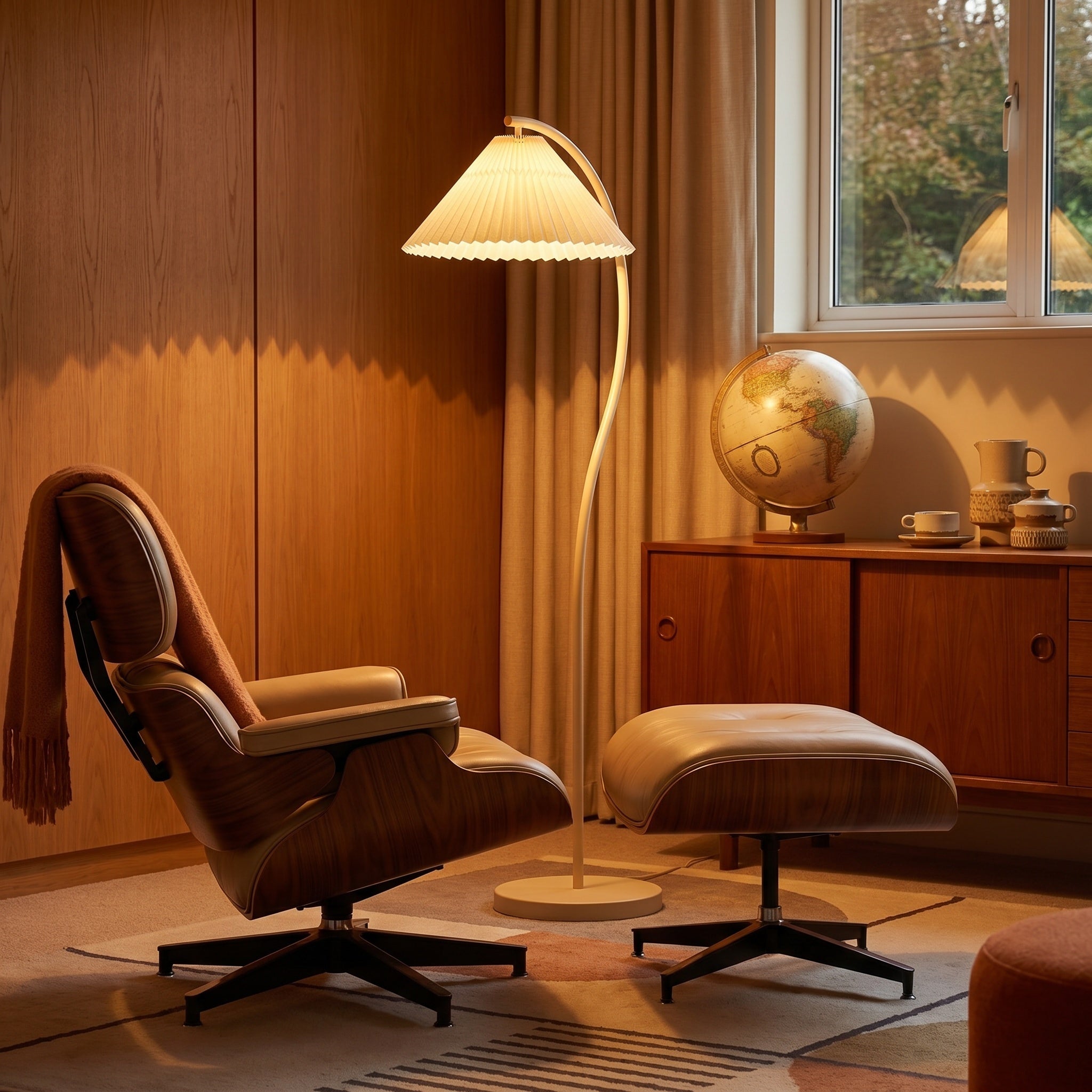 Mafra floor lamp beside a mid-century chair, cream frame and pleated linen shade.