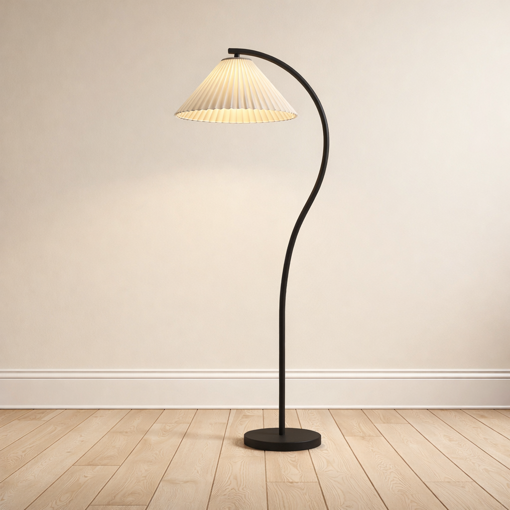 Mafra vintage floor lamp in black, pleated linen shade on a curved beech and metal arm.
