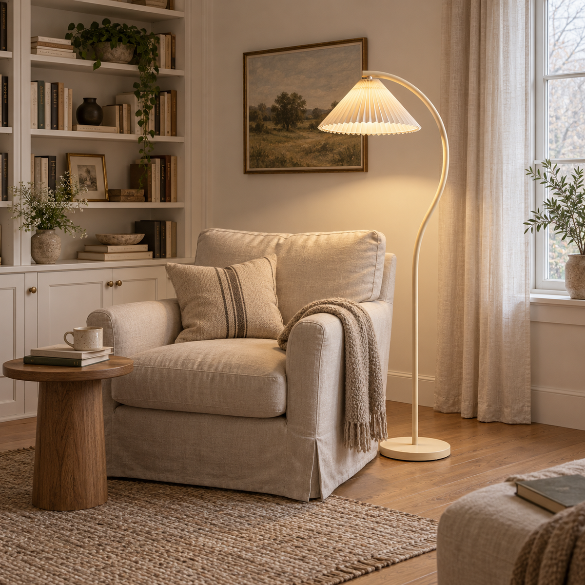 Mafra vintage pleated floor lamp in cream, in a reading nook.