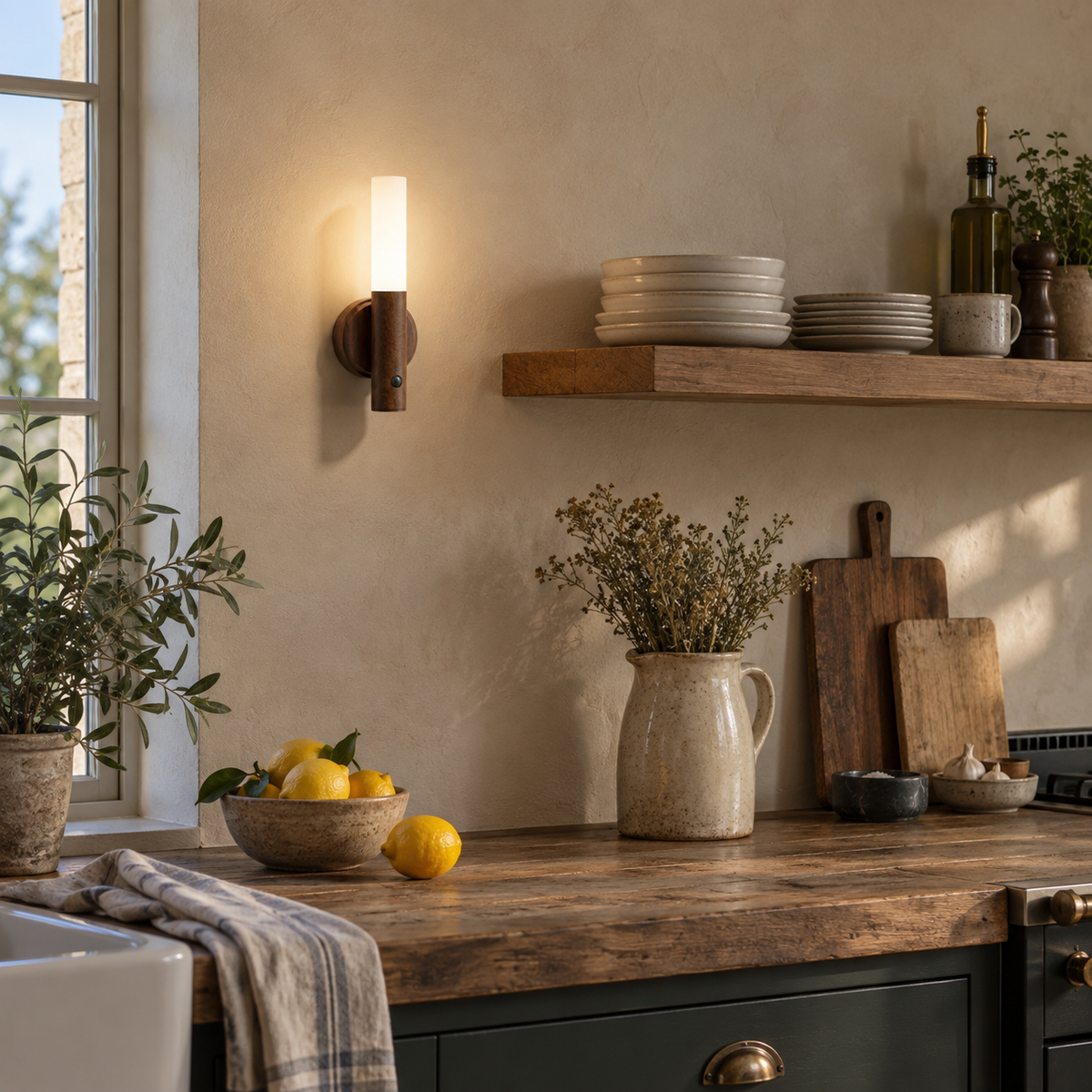 Manteigas motion-sensor LED wall sconce in walnut, in a kitchen.