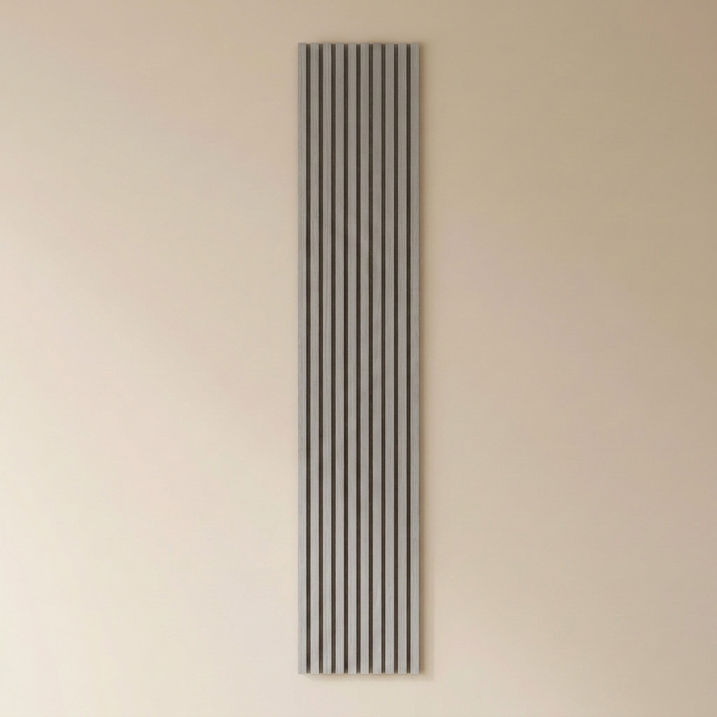 Maresia acoustic slat wall panel in dusty gray, vertical wood slats.