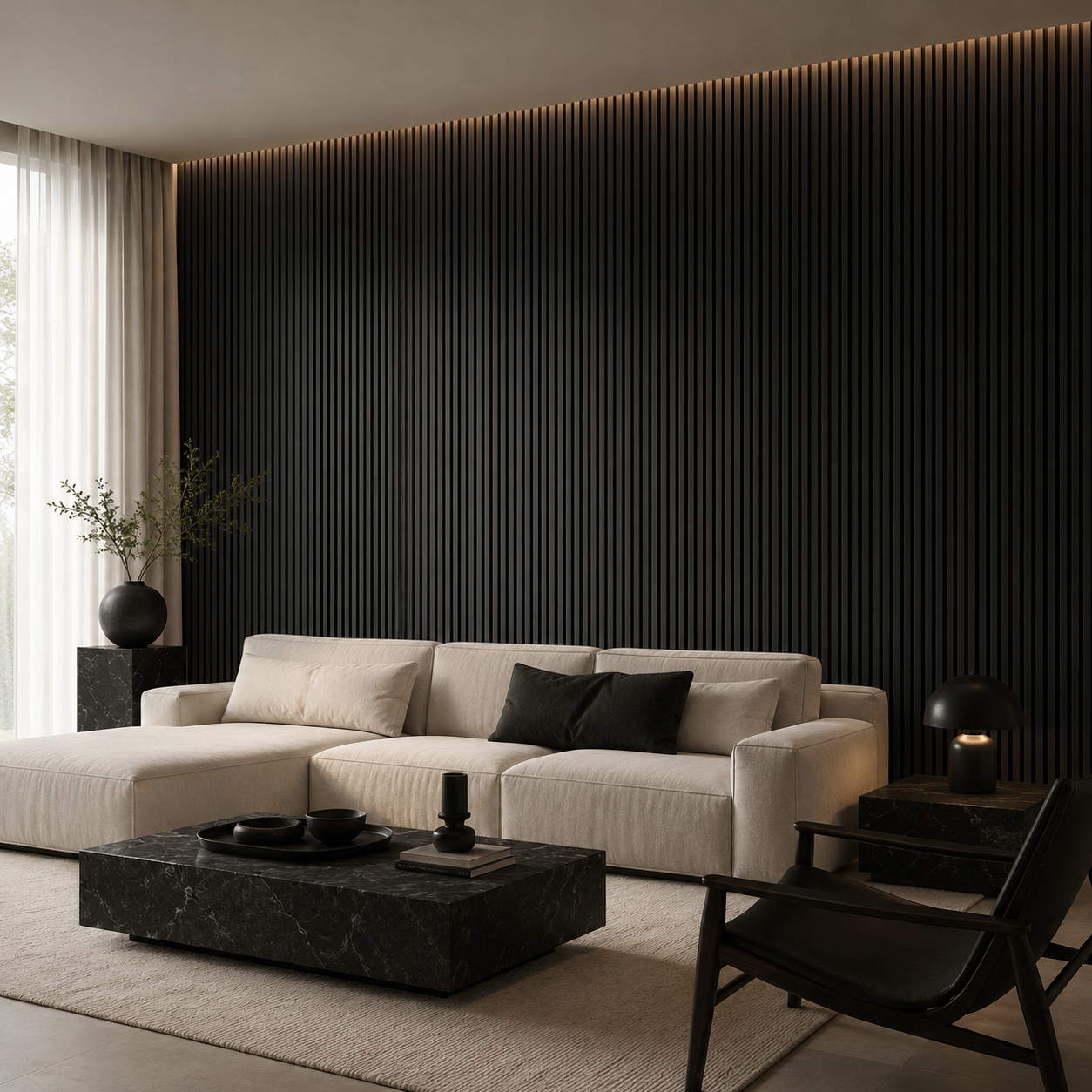 Maresia panel installation detail, slats tiling cleanly along the wall.