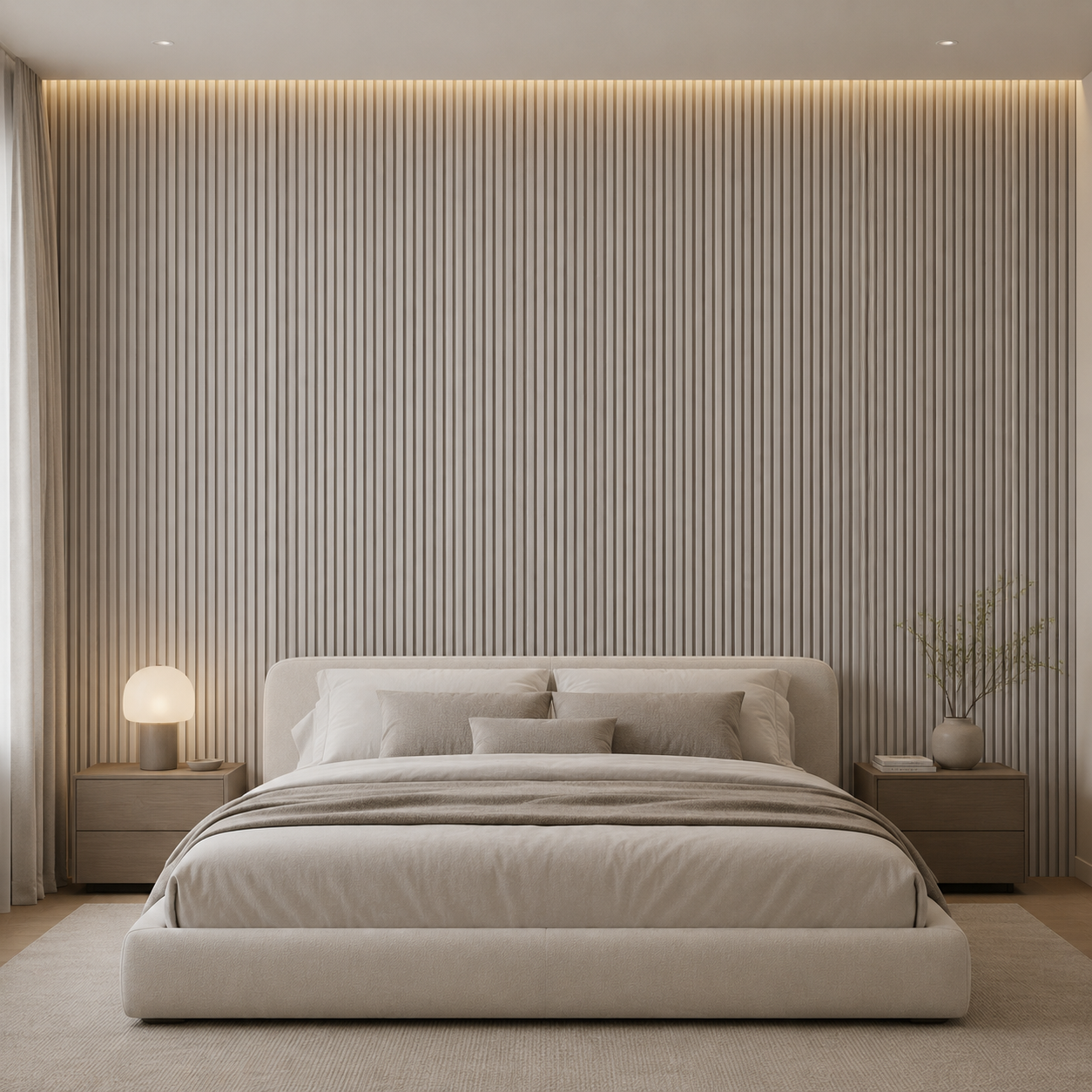 Maresia panel behind a bed, vertical slats anchoring the headboard wall.
