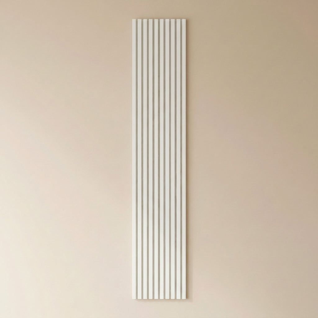 Maresia acoustic slat wall panel in white with white felt backing.