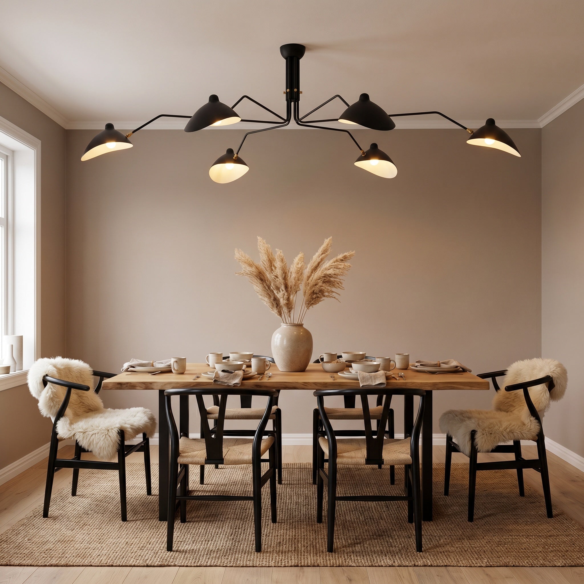 Marvão multi-arm ceiling light with brass hardware seen from below against the ceiling