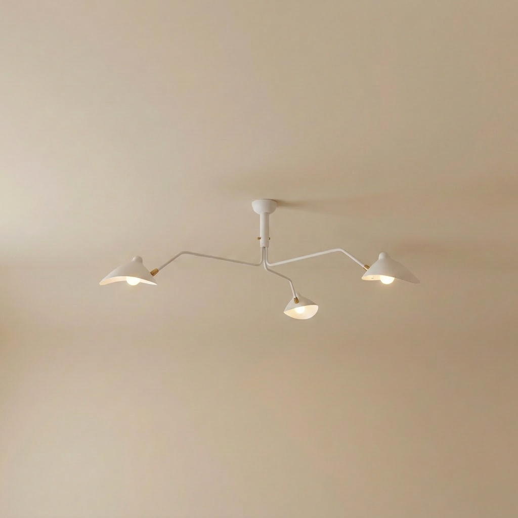 Marvão multi-arm ceiling light with brass hardware and three white arms, front product view