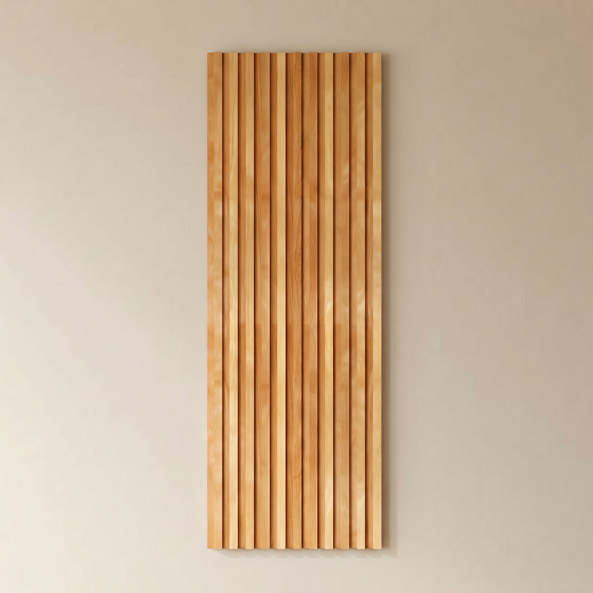Mastro wood strip wall panel in honey, light vertical solid wood slats.