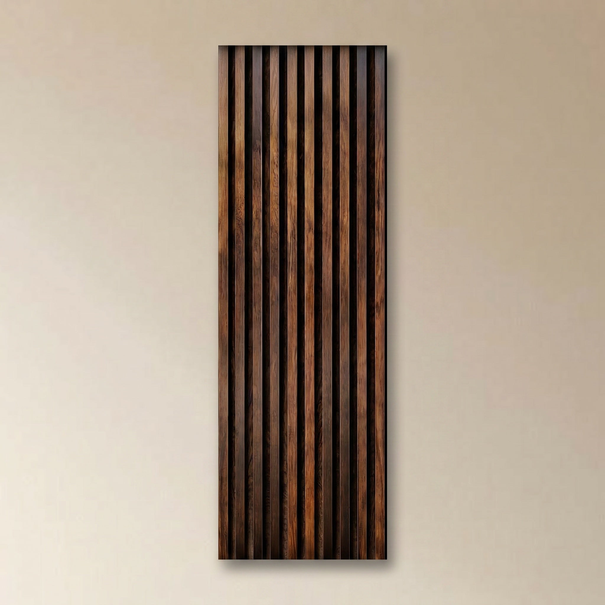 Mastro wood strip wall panel in honey, light vertical solid wood slats.