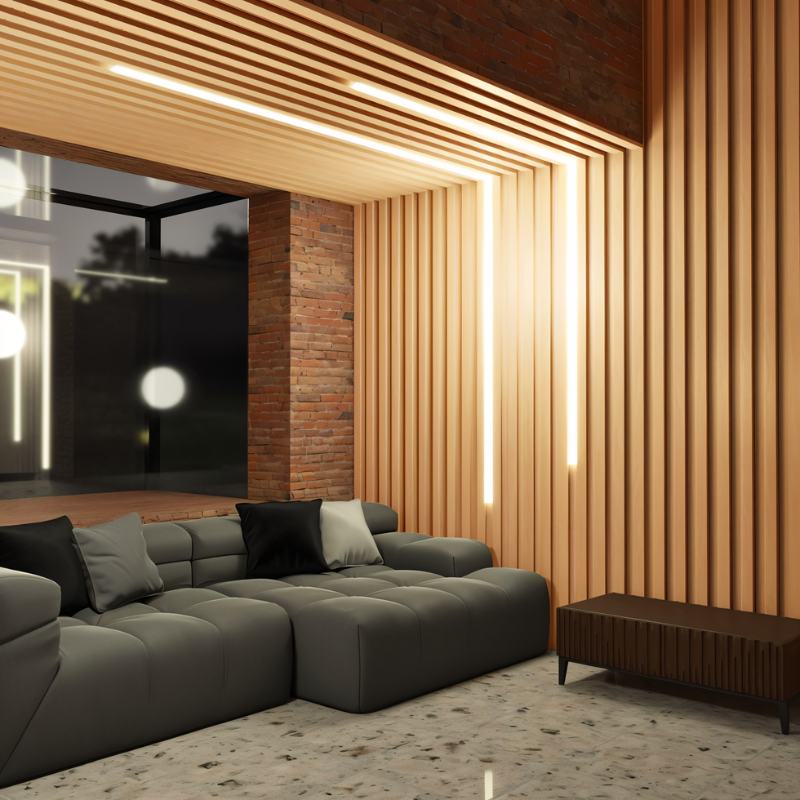 Mastro wood strip panel in a living room, vertical slats across the wall.