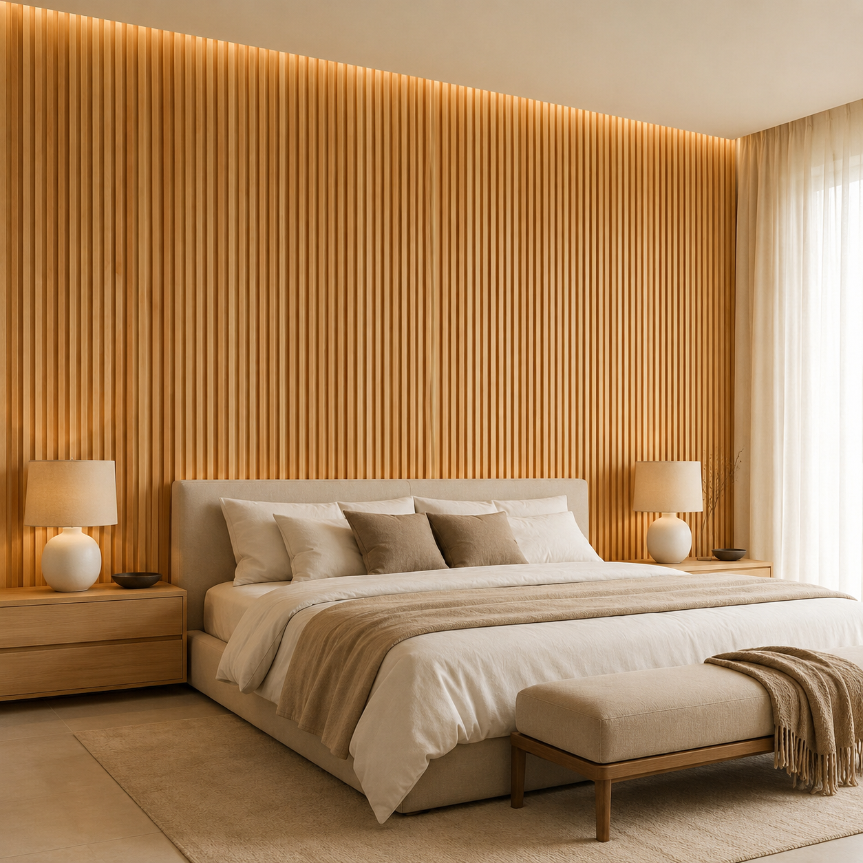 Mastro wood strip panel in an entryway, vertical wood texture.