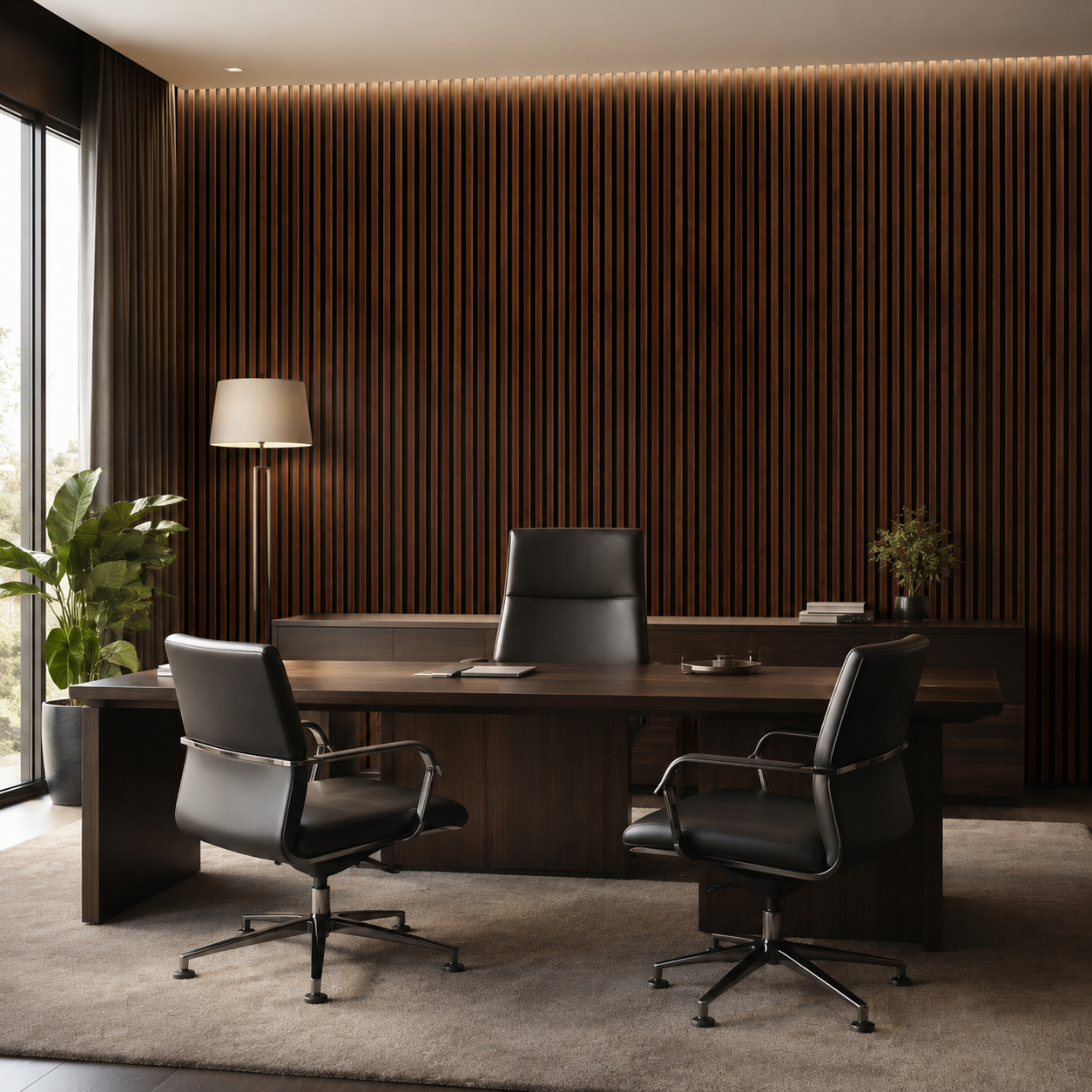 Mastro wood strip panel in a dining nook, warm wood tones.