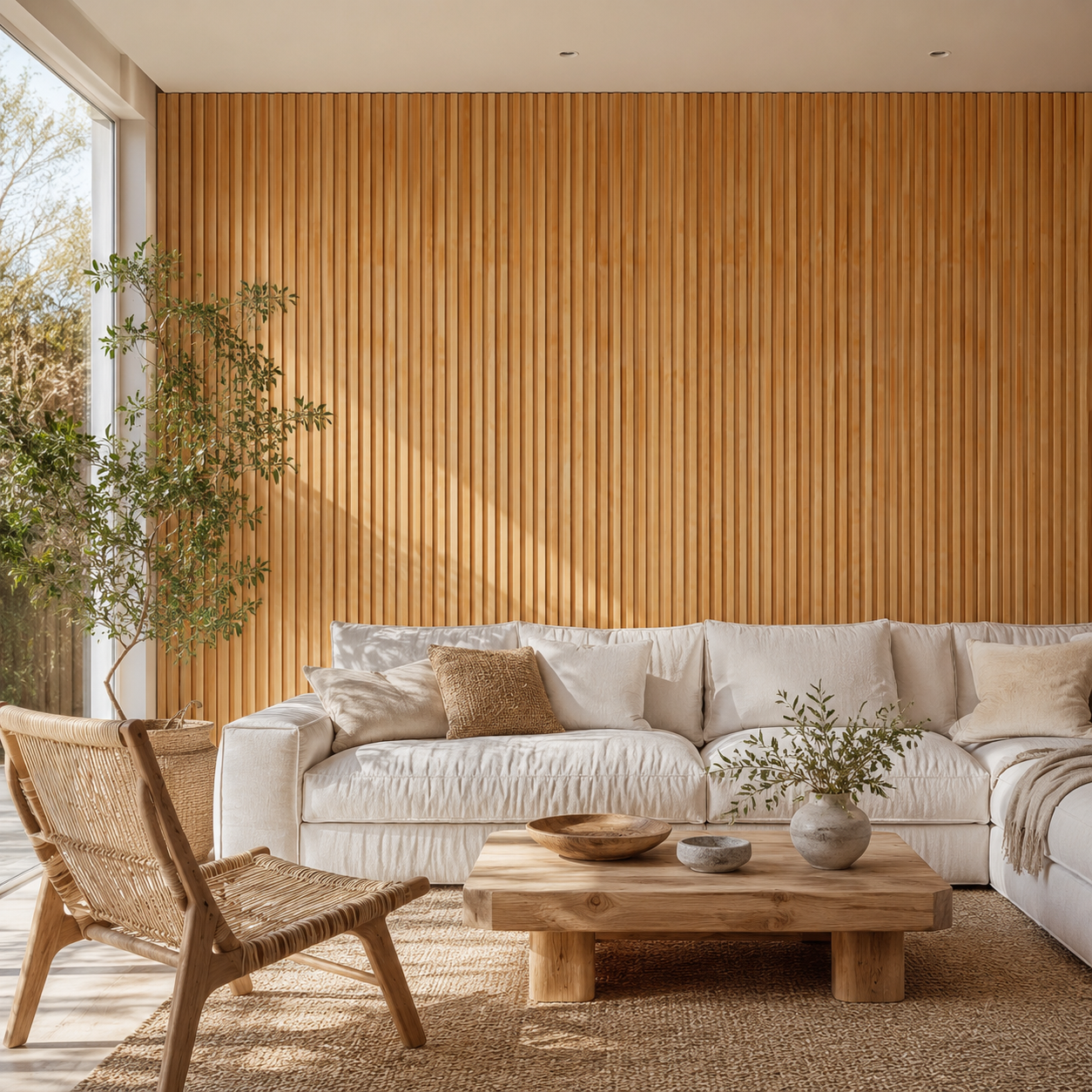Mastro wood strip panel detail, wood grain across the slats.