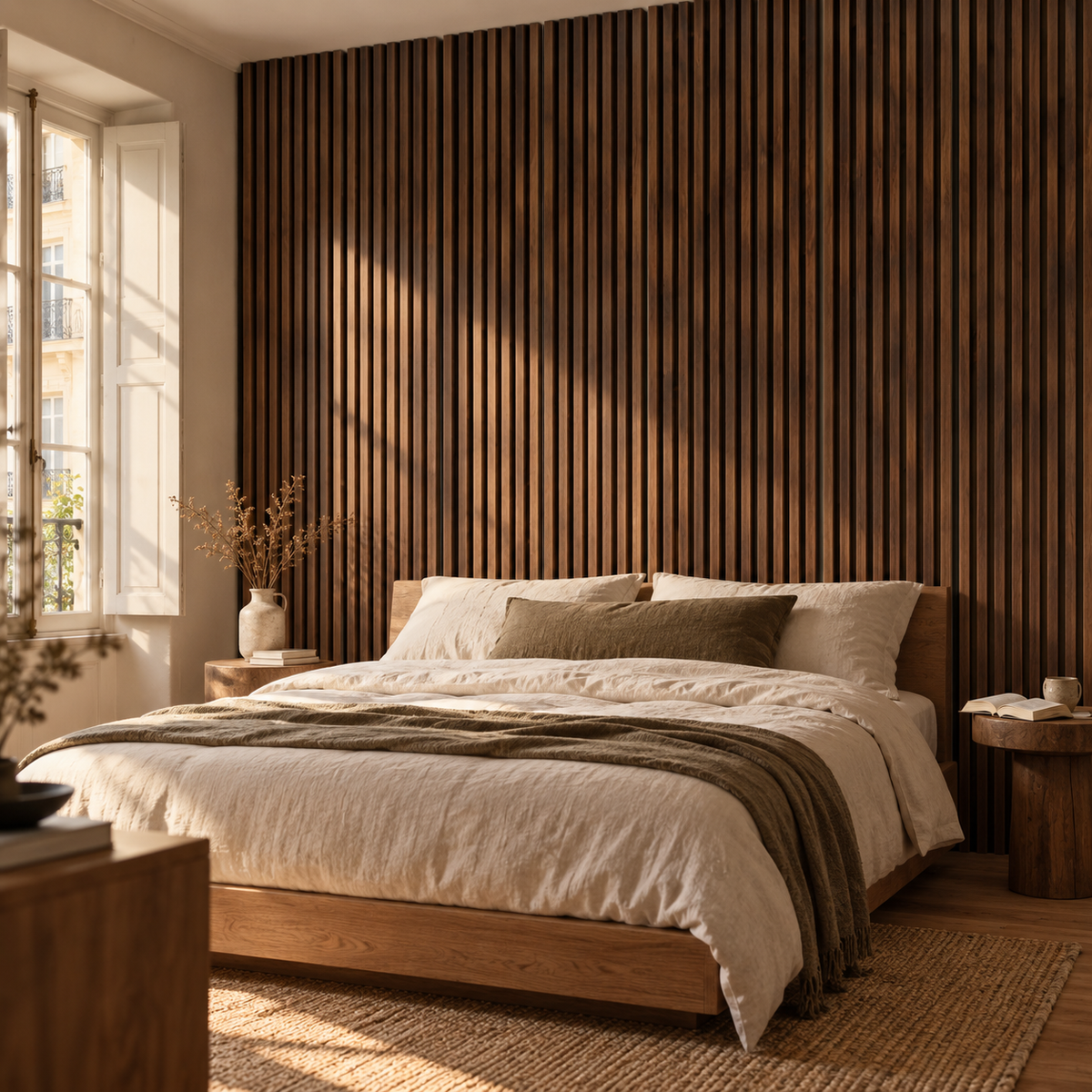 Mastro wood strip wall panel in walnut, in a bedroom.