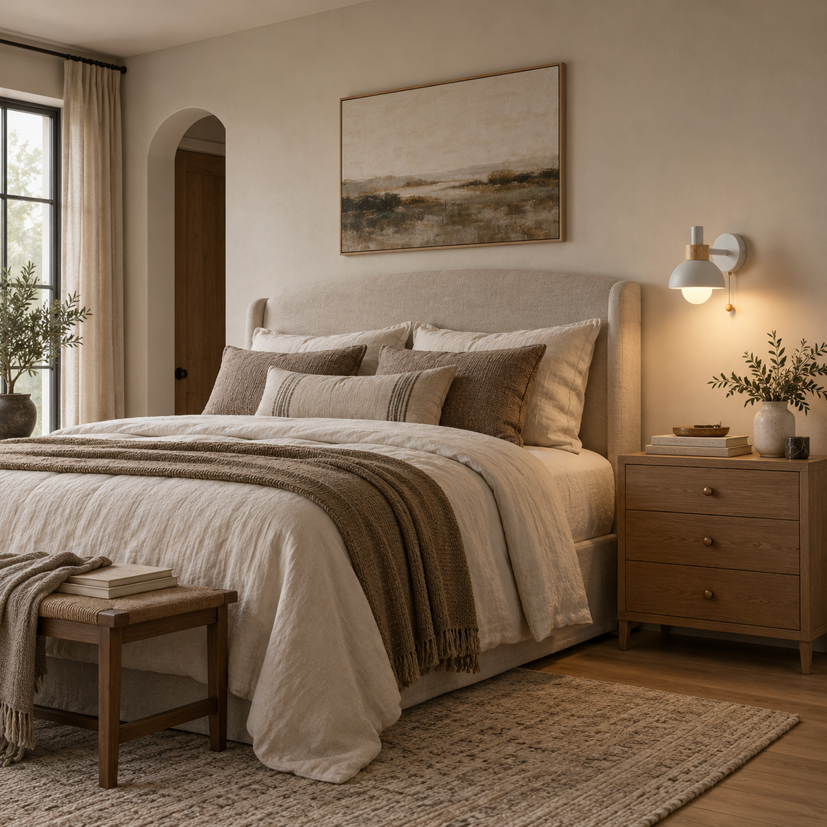 Milfontes macaron glass wall sconce in wheat yellow, in a bedroom.
