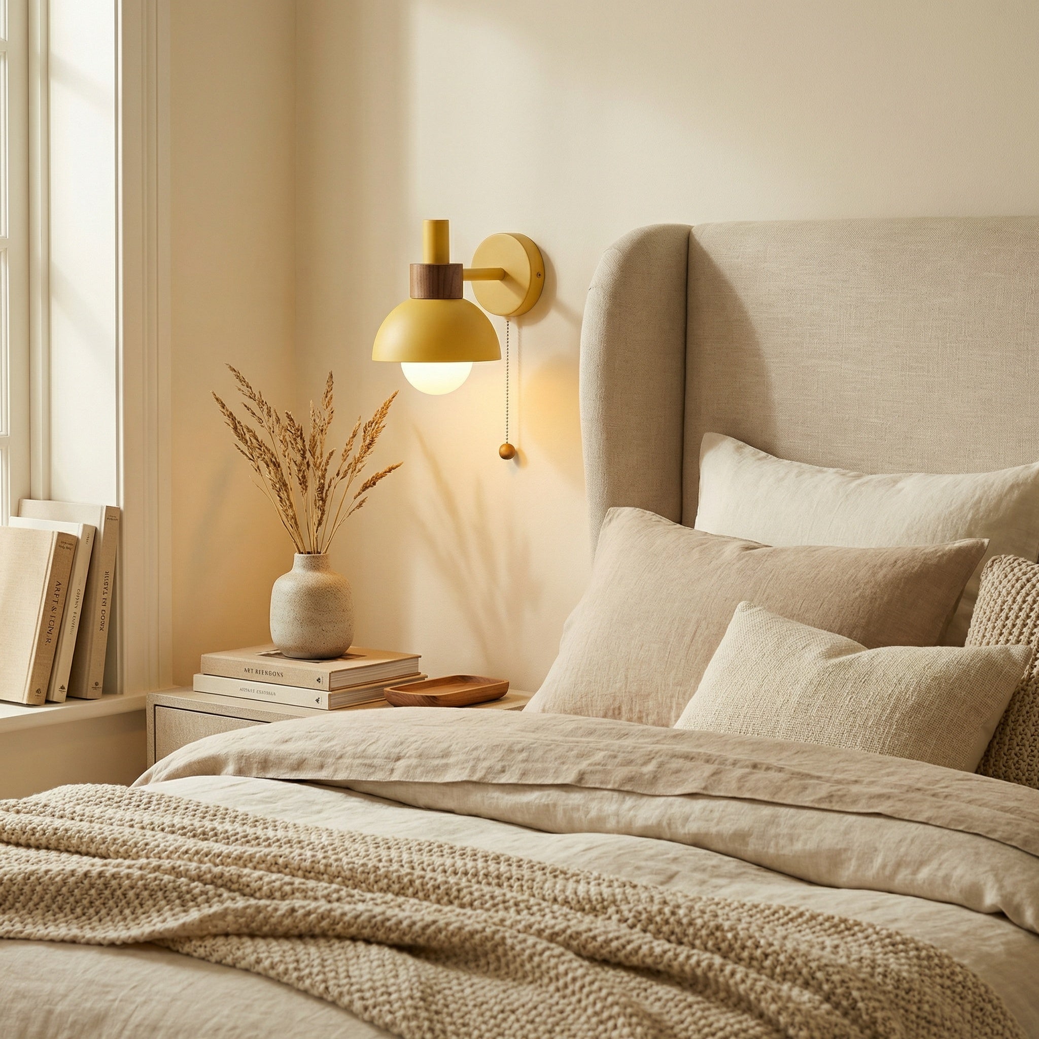 Milfontes. Macaron Glass Wall Sconce on a playroom wall above shelving with a gentle bedtime glow
