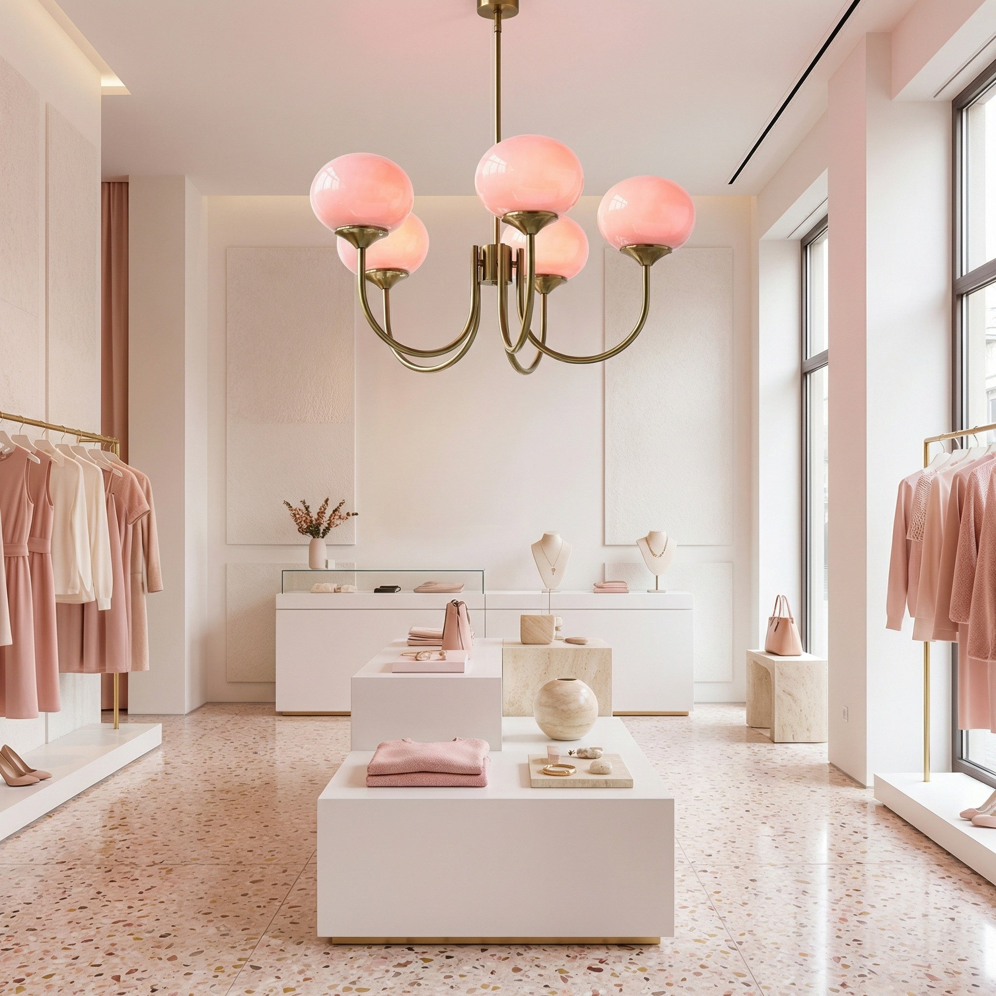 Mindelo Pink Glass Multi-Head Pendant Light with pink shades above display tables in a soft pink boutique interior.