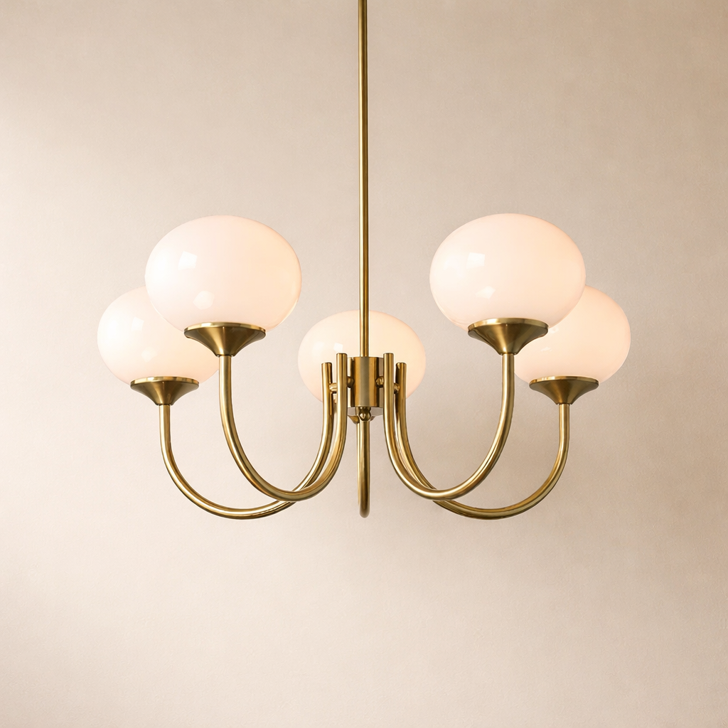 Mindelo Pink Glass Multi-Head Pendant Light with copper fittings, front view of the full fixture