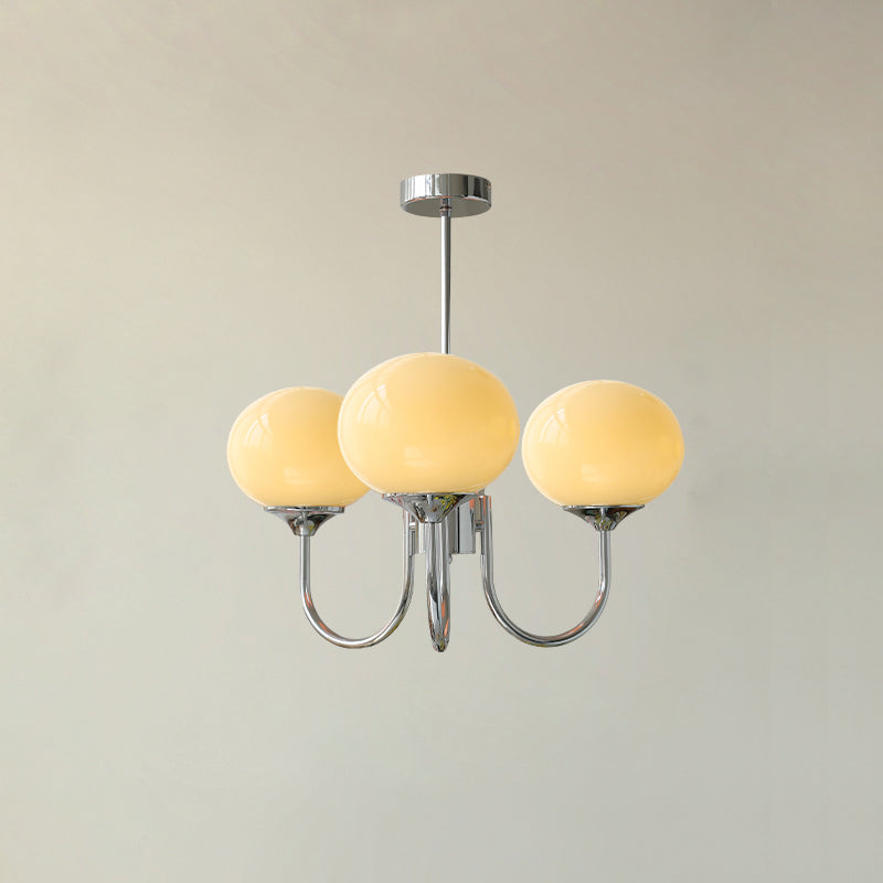 Mindelo Pink Glass Multi-Head Pendant Light, three-head version with cream glass shades and chrome fittings, full view.