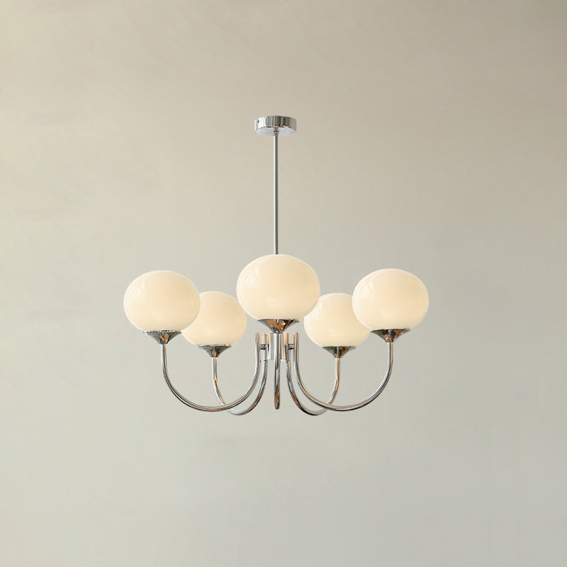 Mindelo Pink Glass Multi-Head Pendant Light, five-head version with white glass shades and chrome fittings, full view.