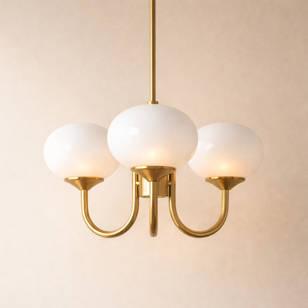 Mindelo Pink Glass Multi-Head Pendant Light, cream glass shades on chrome fittings, side angle