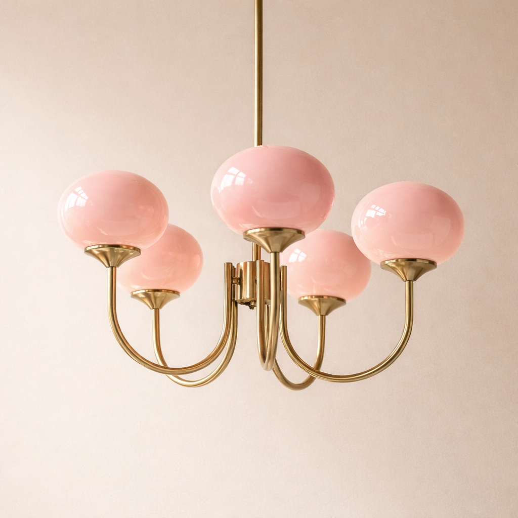 Mindelo Pink Glass Multi-Head Pendant Light, five-head version with pink glass shades and copper fittings, angled view.