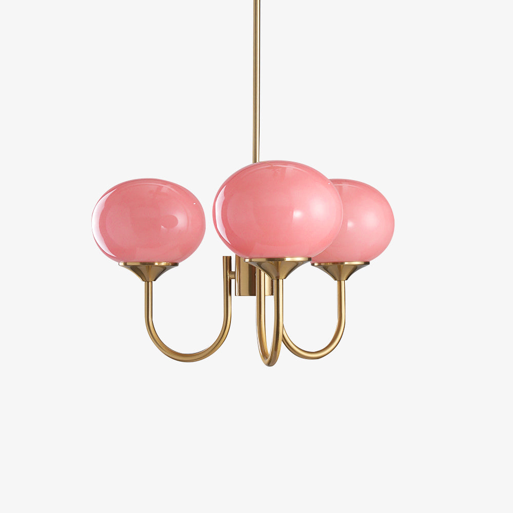 Mindelo Pink Glass Multi-Head Pendant Light, three-head version with pink glass shades and copper fittings