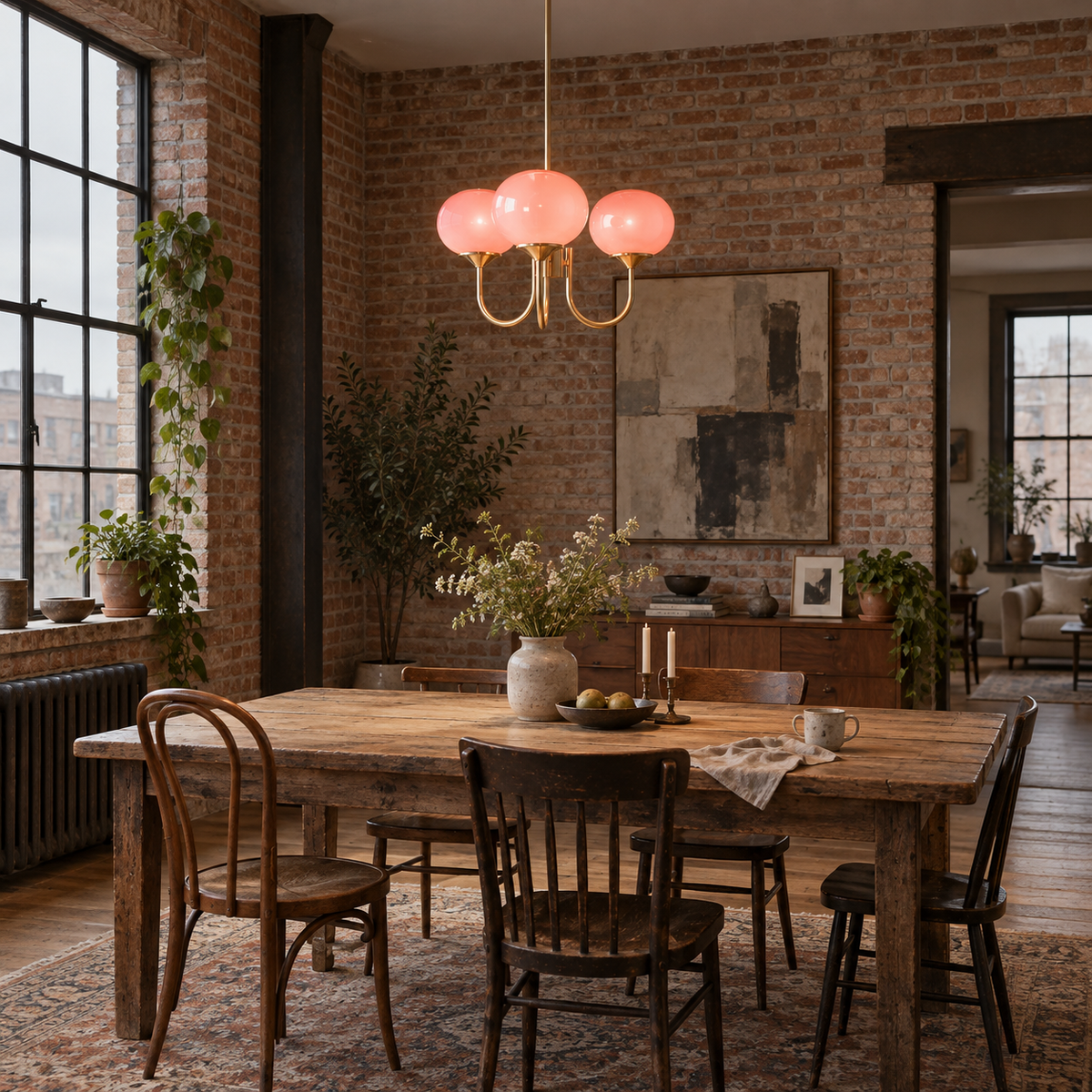 Mindelo pink glass multi-head pendant light in pink, in a loft.