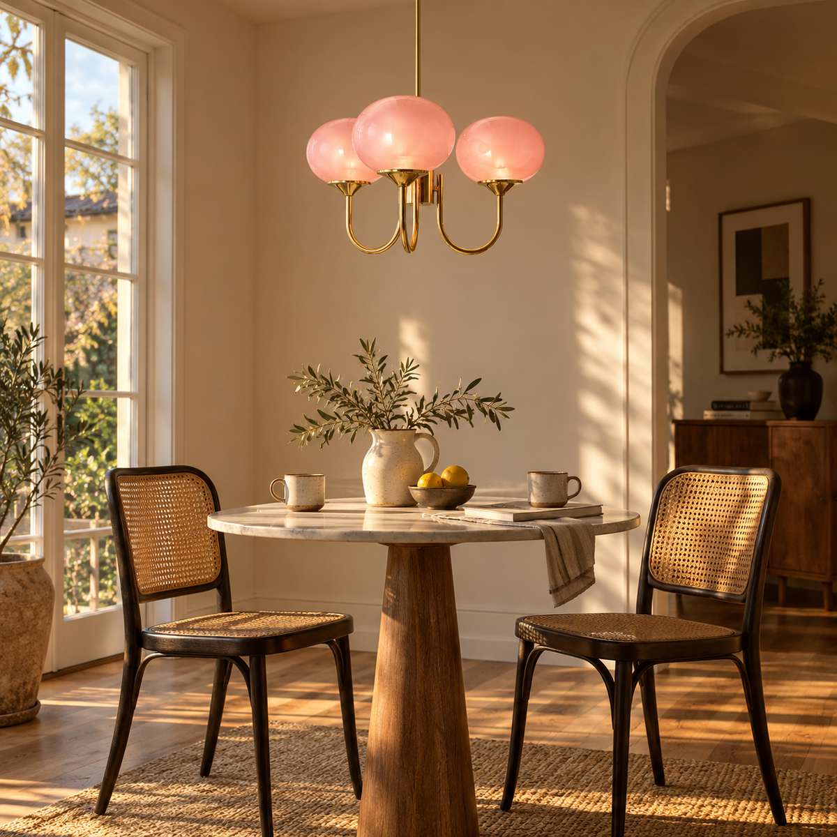 Mindelo pink glass multi-head pendant light in white, beside a breakfast nook table.