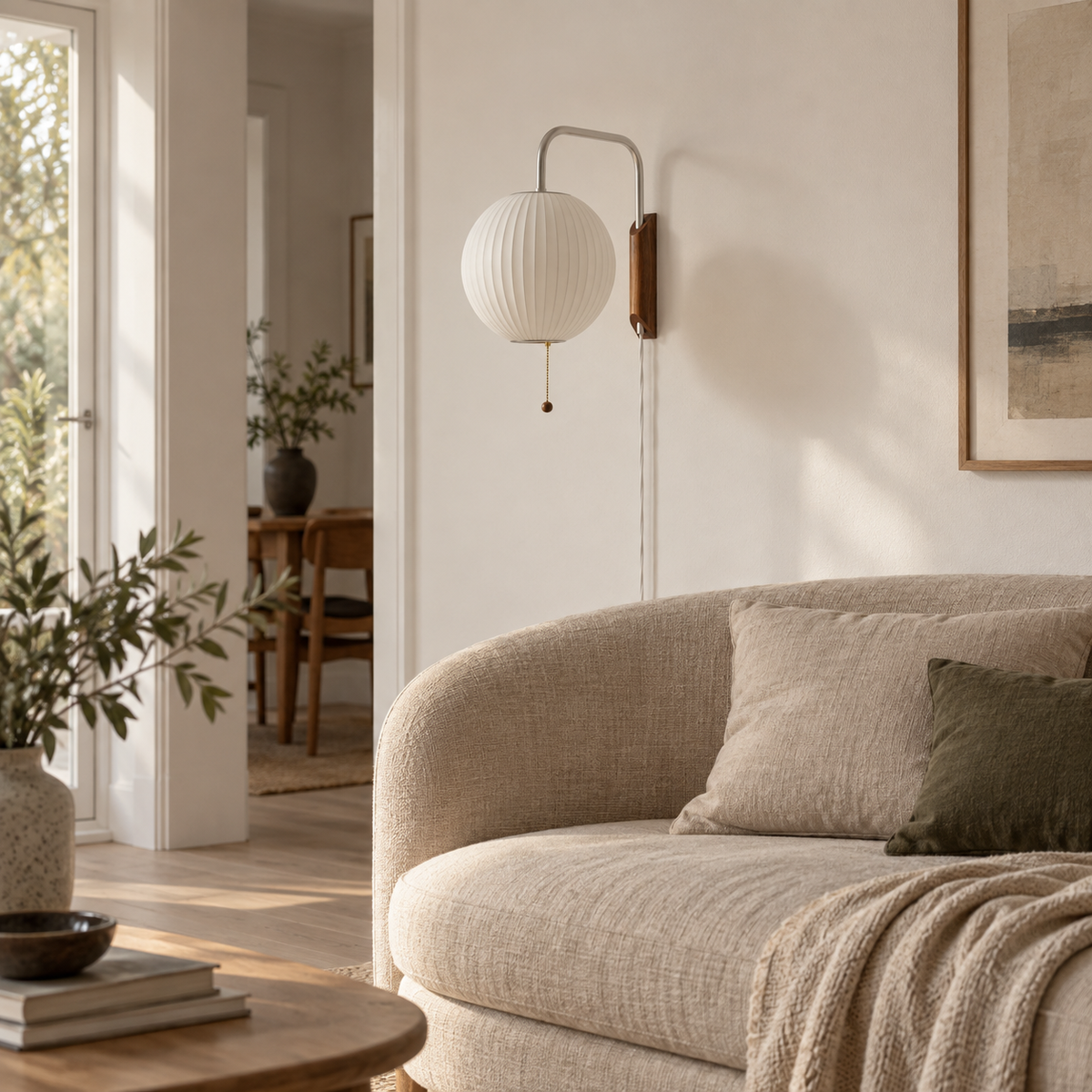 Mirandela globe adjustable wall sconce, in a living room.