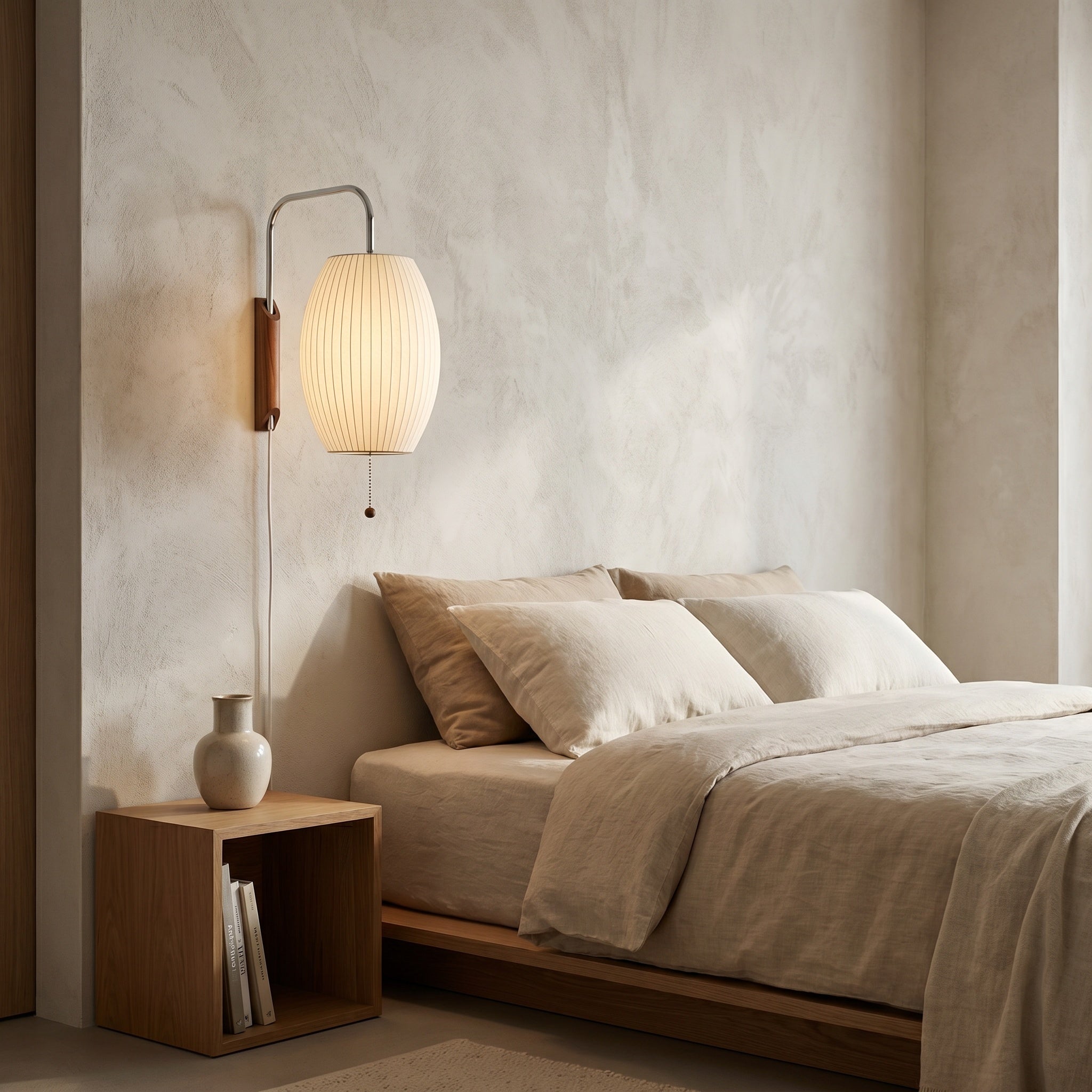 Mirandela globe wall sconce on a textured wall above a wooden console