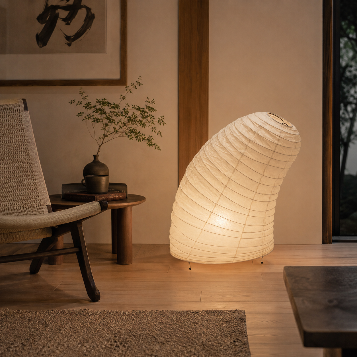Handmade mulberry paper lamp in a wood-clad reading nook.