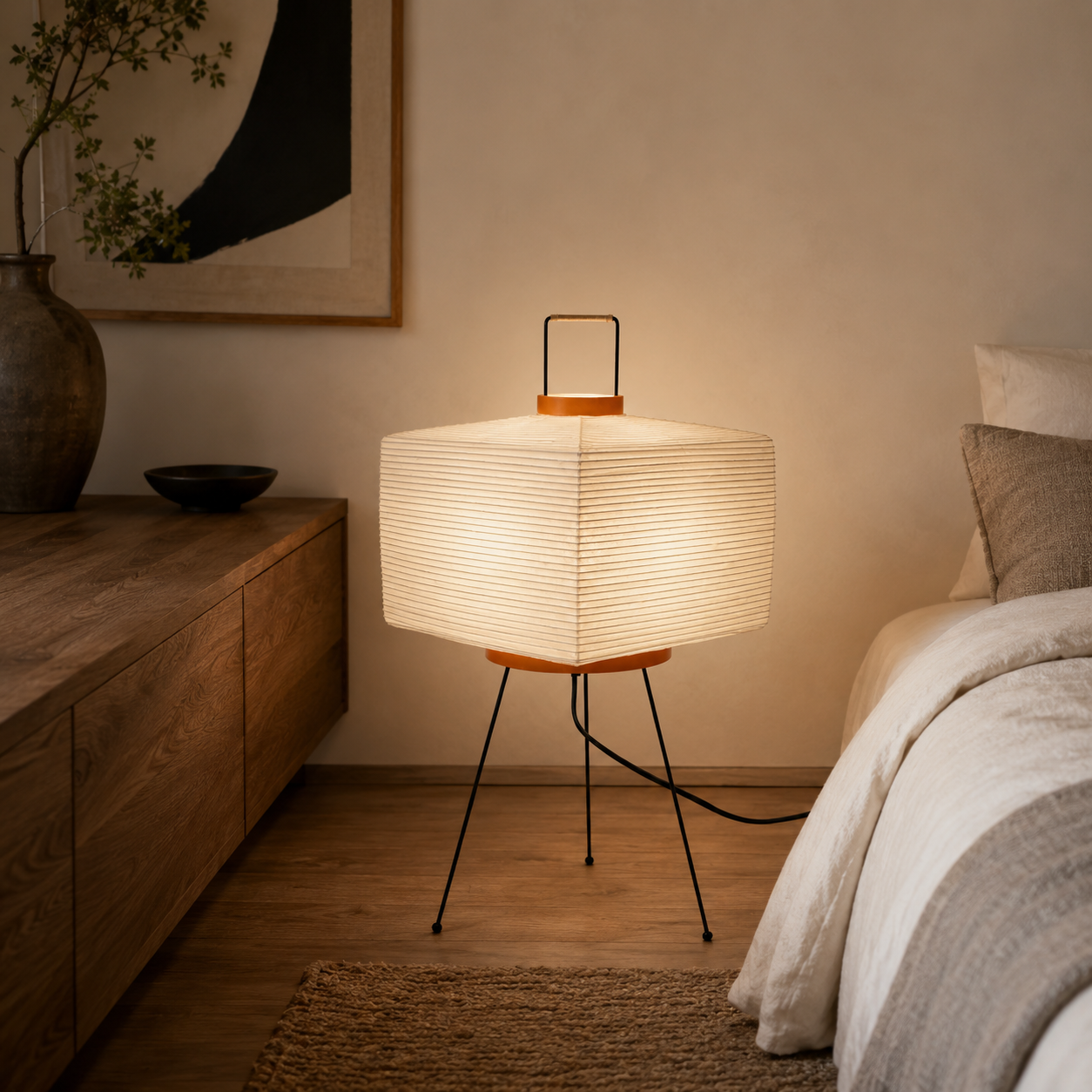 Handmade mulberry paper lamp on a stone floor in a moody room.