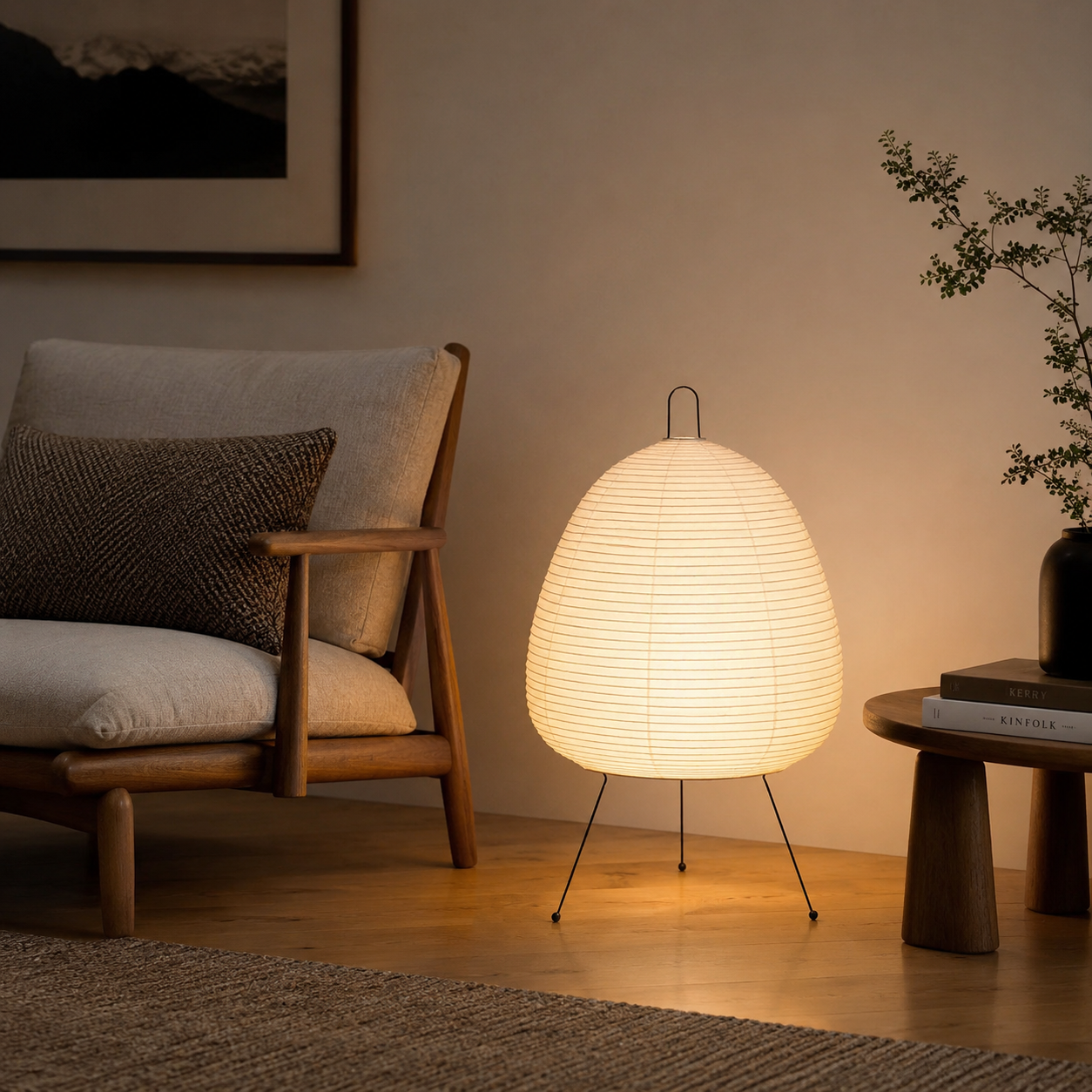 Handmade mulberry paper lamp casting soft warm light at night.