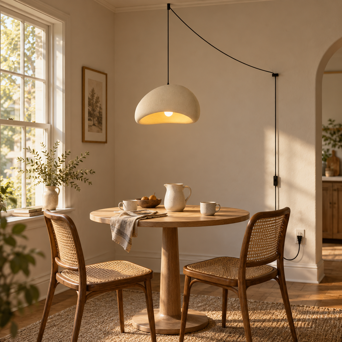 Mosteiros polystyrene cloud pendant light in beige, beside a breakfast nook table.