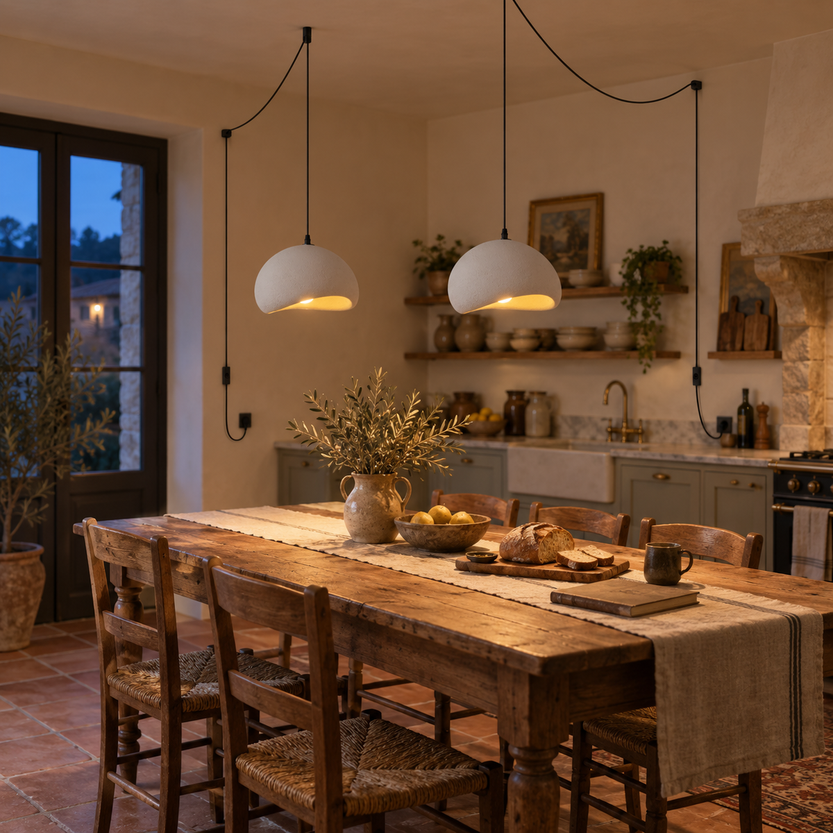 Mosteiros polystyrene cloud pendant light in gray, hung as a row of 2 in a kitchen.
