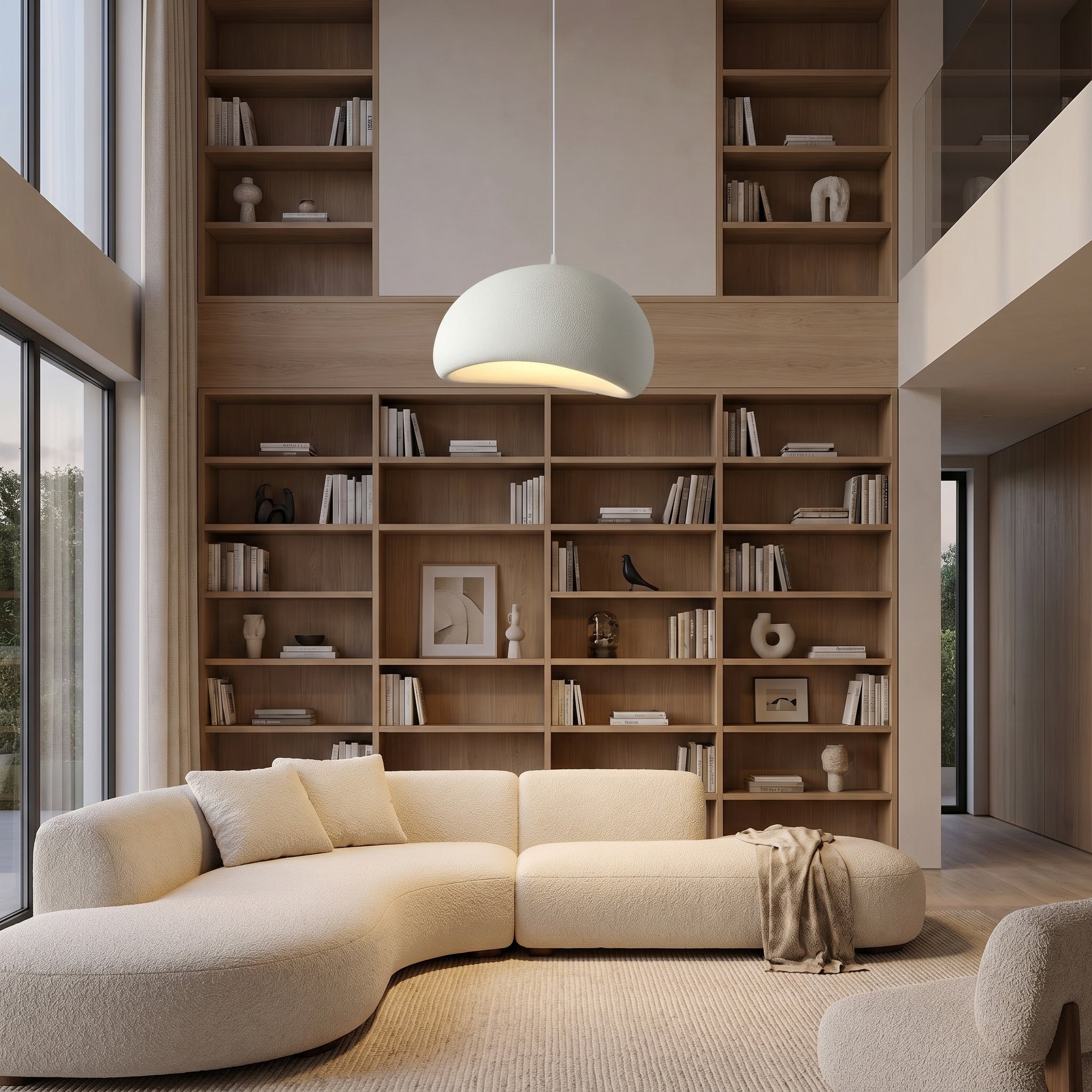 Mosteiros. polystyrene cloud pendant light styled in a calm neutral toned bedroom