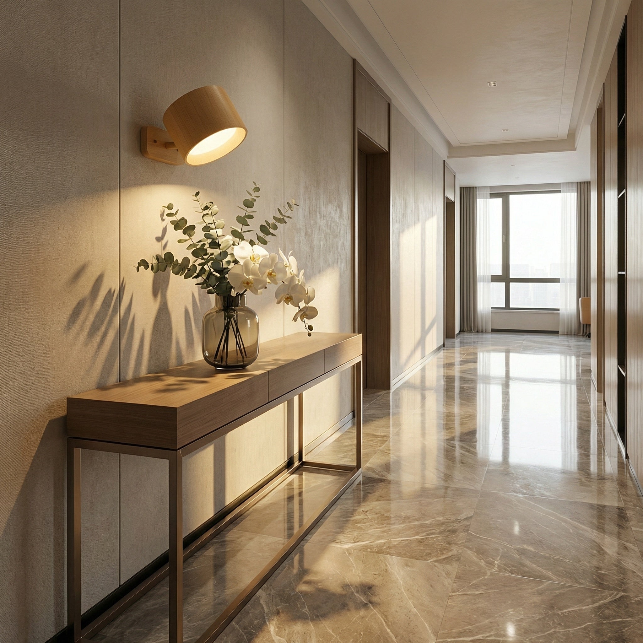 Nisa rechargeable LED wall sconce angled upward to wash light across a textured wall