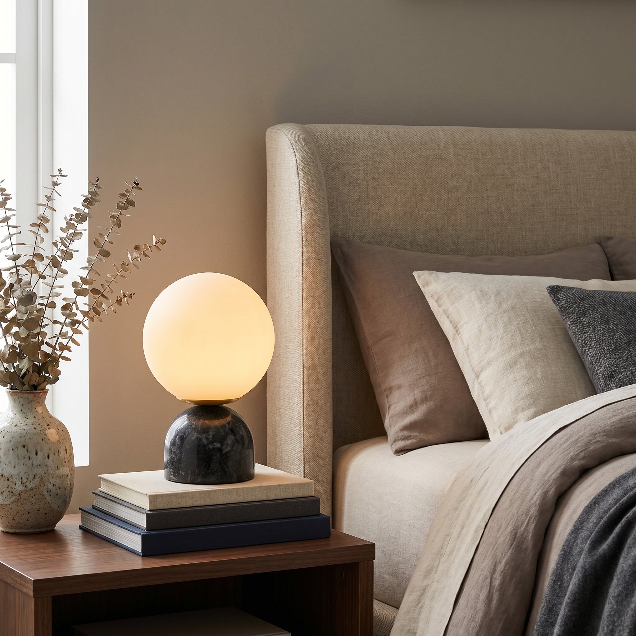 Black marble table lamp beside a bed with linen bedding and dried flowers.