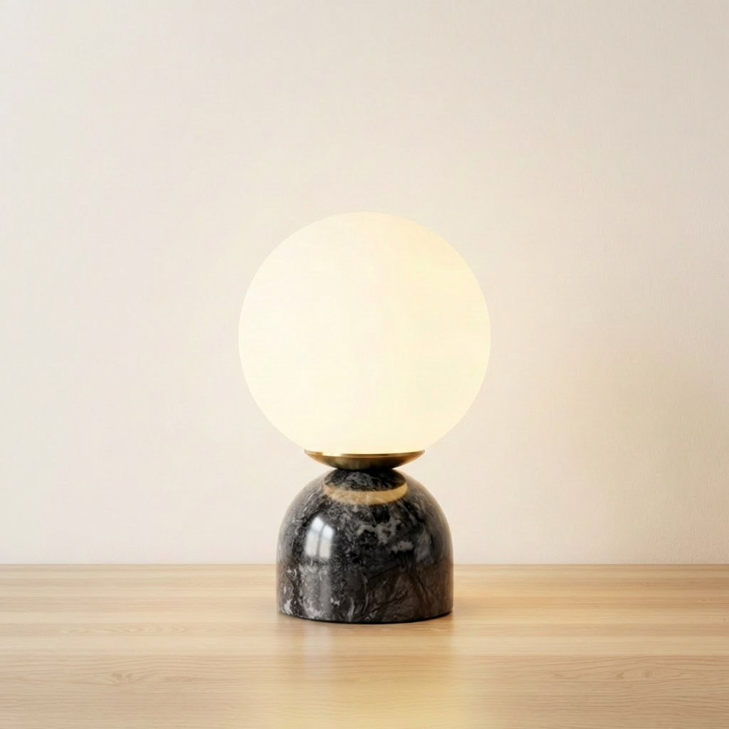 Marble table lamp with black veined base and frosted glass orb, product shot.