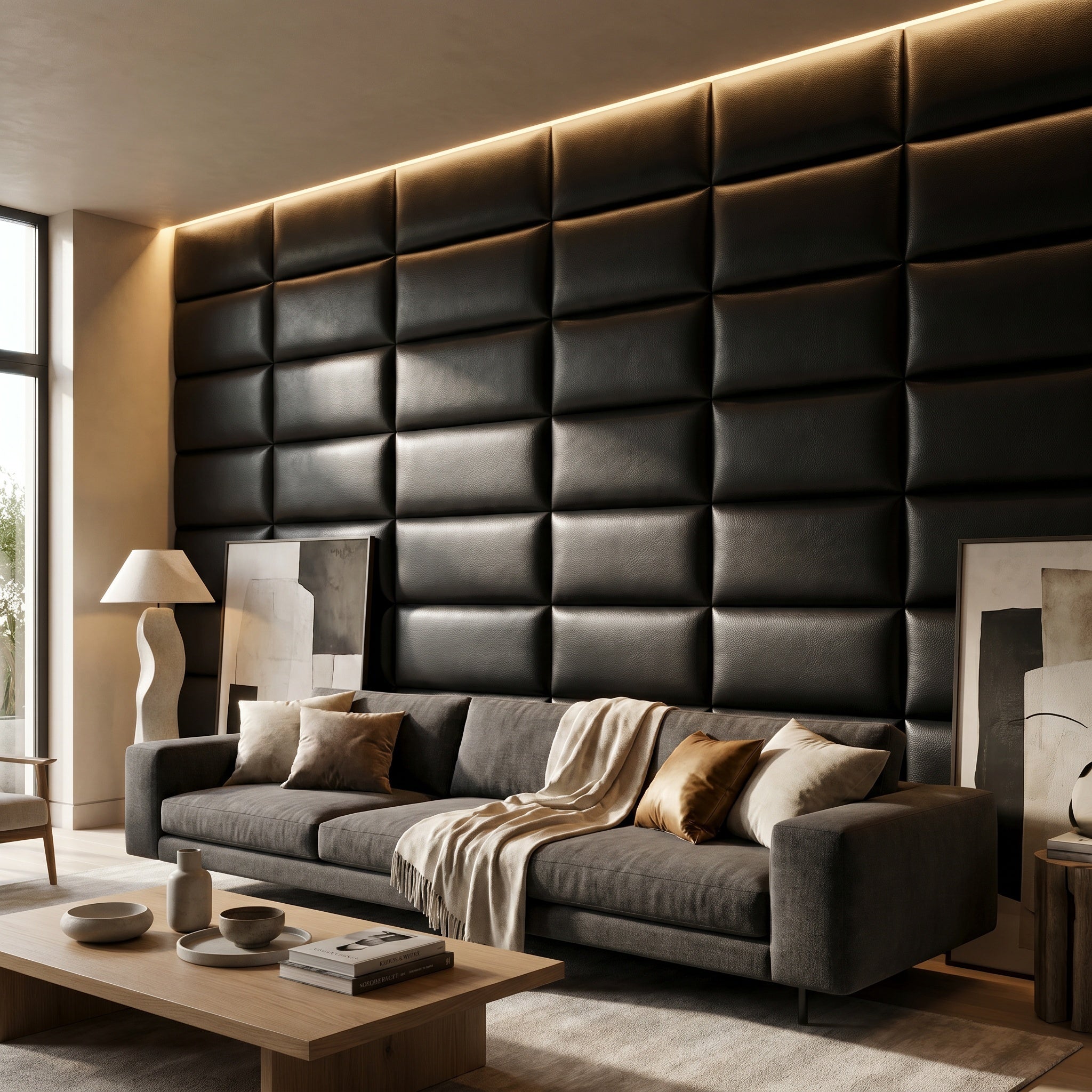 Onda quilted faux leather panels behind a bed, headboard arrangement.